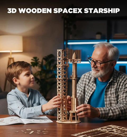 Hands On 3D Wood Puzzle For Adults SpaceX Starship Super Heavy Booster DIY Rocket Model Kit with boy and man assembling