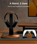 Walnut Wood Headset Stand With Built In Controller Holder And Storage Base For Your Desk, holds headphones and controller