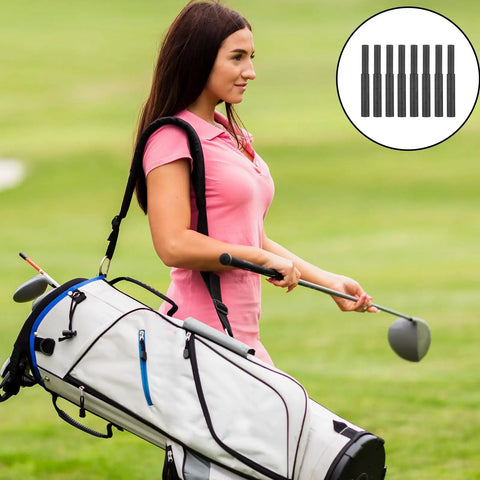 Woman carrying golf bag with 8 Piece Golf Club Shaft Extenders Set For Wood Putters Putter Extension Rods and golf club shafts