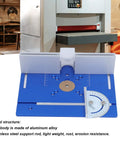 Rock Solid Aluminum Router Table Insert Plate For Woodworking Flip Top with blue alloy and stainless steel support.