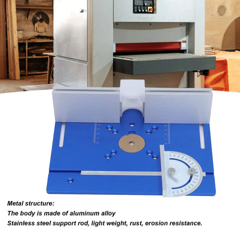 Rock Solid Aluminum Router Table Insert Plate For Woodworking Flip Top with blue alloy and stainless steel support.