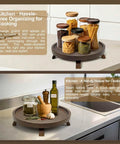 10 Inch Solid Wood Lazy Susan Turntable Organizer For Cabinets And Pantries with jars, showcasing smooth 360 degree spin and rustic style.