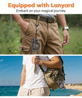 MagSafe Tripod Hook With Magnetic Back And Arca-Swiss Base, lanyard attached to shorts and backpack, outdoor setting