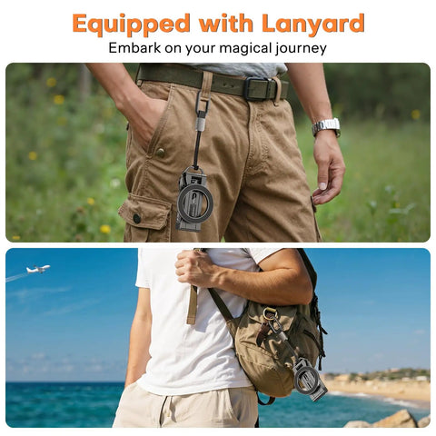 MagSafe Tripod Hook With Magnetic Back And Arca-Swiss Base, lanyard attached to shorts and backpack, outdoor setting