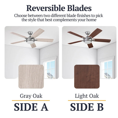 Reversible blades for 52 Inch Espresso Smart Ceiling Fan With Remote Control, gray oak and light oak finish options.