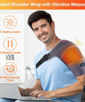 Shoulder Heating Pad Massager With Vibration Massage USB Powered Shoulder Wrap demonstrating fit and features