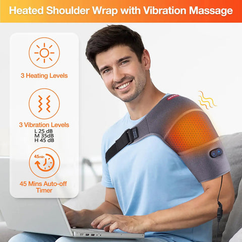 Shoulder Heating Pad Massager With Vibration Massage USB Powered Shoulder Wrap demonstrating fit and features
