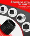 Gas cap adapters for North American fuel cans; four black, different-sized caps shown around a red fuel can.