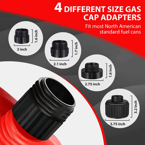 Gas cap adapters for North American fuel cans; four black, different-sized caps shown around a red fuel can.
