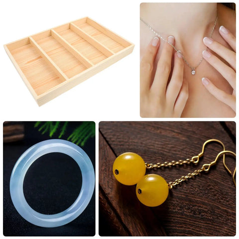 Straight Up Chic Wooden Jewelry Tray Organizer With Four Spacious Compartments, top view showing wooden construction and organization.