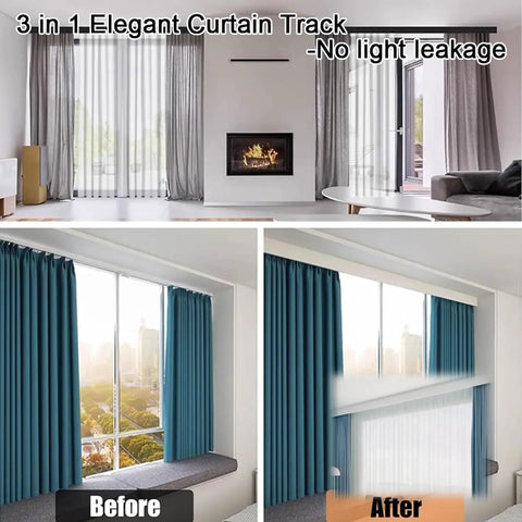 All In One Curtain Pelmet Box With Blackout Double Curtain Track For Ceiling Or Wall Mount, Easy Install Aluminum Rail Cover Box Frame Valance For Windows In Bedroom Or Office, Heavy Duty Dual Rails With Stopper And Pulley For Smooth Operation. ceiling-mounted aluminum curtain pelmet box over living room window