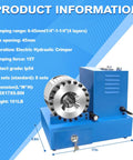 Heavy Duty Electric Hydraulic Hose Crimper Machine With 8 Dies Perfect For Automotive AC And Excavators Crimping Tool For High Pressure Lines Up To One Inch Portable And Versatile Blue Power, showing detailed specs and dimensions.