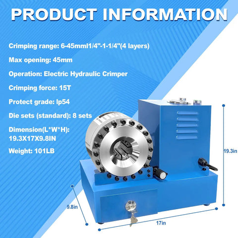 Heavy Duty Electric Hydraulic Hose Crimper Machine With 8 Dies Perfect For Automotive AC And Excavators Crimping Tool For High Pressure Lines Up To One Inch Portable And Versatile Blue Power, showing detailed specs and dimensions.