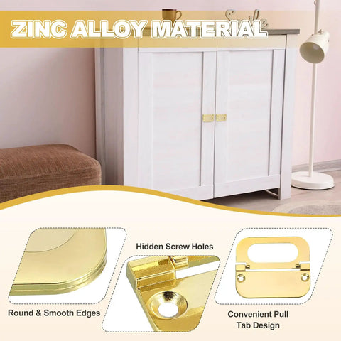 Slick Low Profile Flush Ring Pulls Solid Zinc Alloy Drawer Handles Coated In A Crisp Gold Finish 5 Pack Cabinet Hardware Kit shown on cupboard.