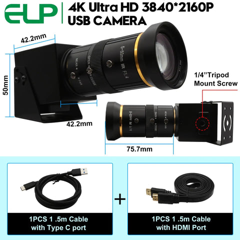 4K 60fps USB 3.0 Webcam With HDMI And USB Output For Dual Display Setup, 10x Zoom Lens 5-50mm, Manual Zoom, shown from side