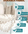 Close-up of a Cotton Rope Hammock Chair With Macrame Swings, Handmade Hanging Seat, Cozy Soft-Spun Comfort, Large Size, in natural white.
