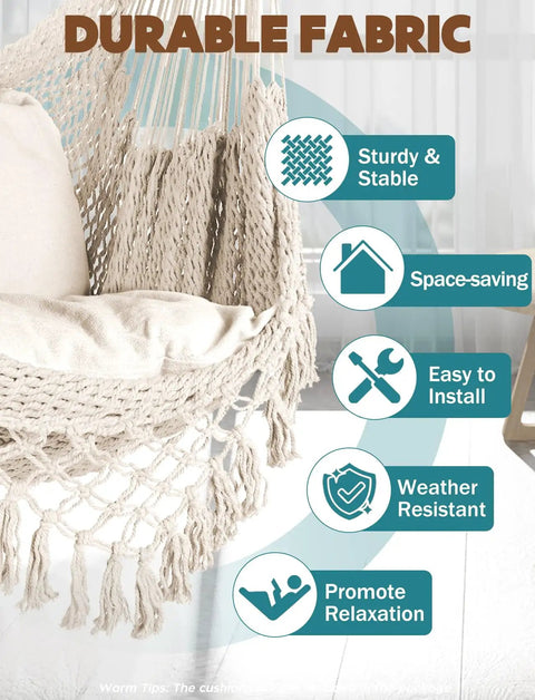 Close-up of a Cotton Rope Hammock Chair With Macrame Swings, Handmade Hanging Seat, Cozy Soft-Spun Comfort, Large Size, in natural white.