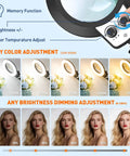 Controls for 12X Magnifying Glass With Light And Stand, showing color temperature and brightness adjustments.