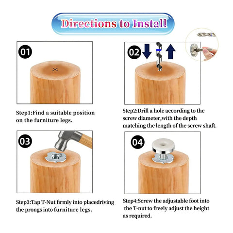 Installation steps for Heavy Duty Adjustable Furniture Levelers with Anti Wobble Feet for Tables Chairs Cabinets Sofas and Other Furniture Legs Four Pack M10 50 30 Tough Floor Protectors Built To Last Indoors Or Outdoors