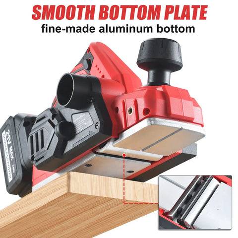 Cordless Electric Hand Planer 21V 16,000 RPM with smooth aluminum plate, Li-ion battery, and adjustable depth for woodworking