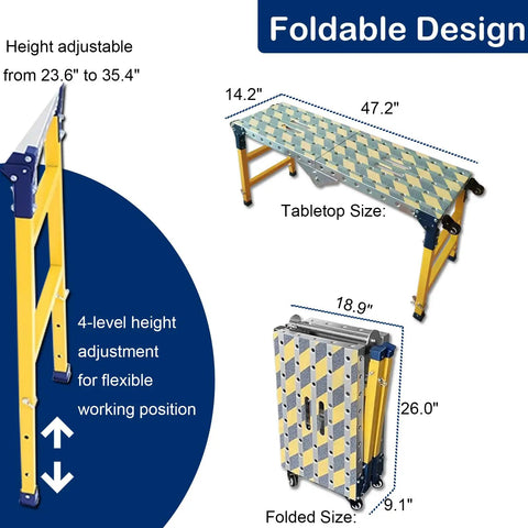 Heavy Duty Steel Welding Table Workbench With Slick Glide Casters Adjustable Height Folding Scaffold And Rock Solid Non Slip Platform. Dimensions shown.