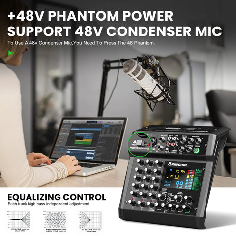 Woman using Six Channel Audio Interface Mixer With 99 DSP Digital Effects Bluetooth USB RCA Interface with laptop