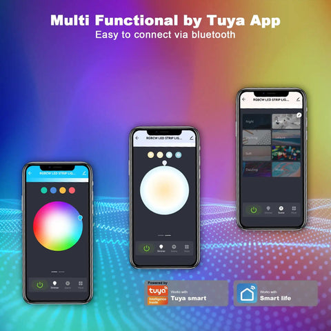 Three smartphones showing app control for 60 To 65 Inch TV Backlight Kit With App Control RGBWW LED Strips for TV and gaming vibe.