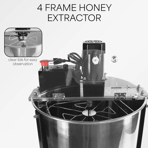 Electric Honey Extractor 8 Frame Rack With 4 Deep Frames, food grade stainless steel, transparent lid, motor view