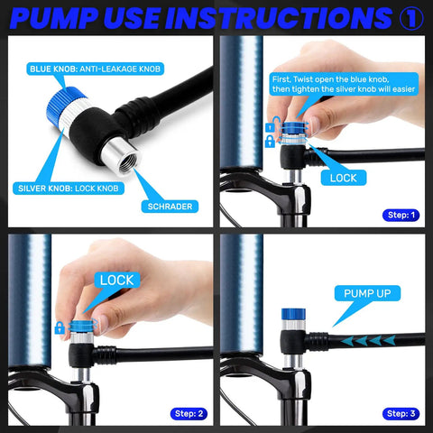 Instruction steps for using Beefed Up High Pressure Shock Pump With Gauge For Mountain Bikes Up To 400 PSI Fits Schrader Valve.