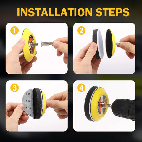 Installation steps for All In One Pro Grade Drill Polishing Kit For DIYers With 215 Pcs 3 Inch Wet Dry Sandpaper Buffing Pads