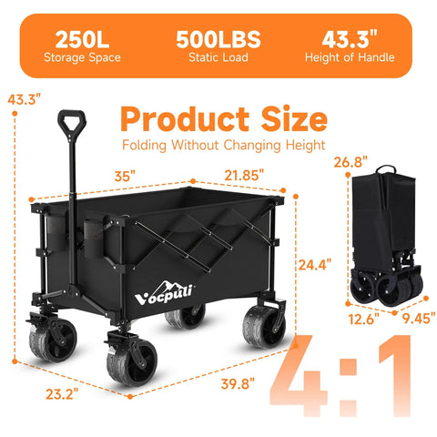 40 Inch Collapsible Wagon Cart With 500 Pound Capacity Heavy Duty Folding Beach Wagon dimensions and storage space details