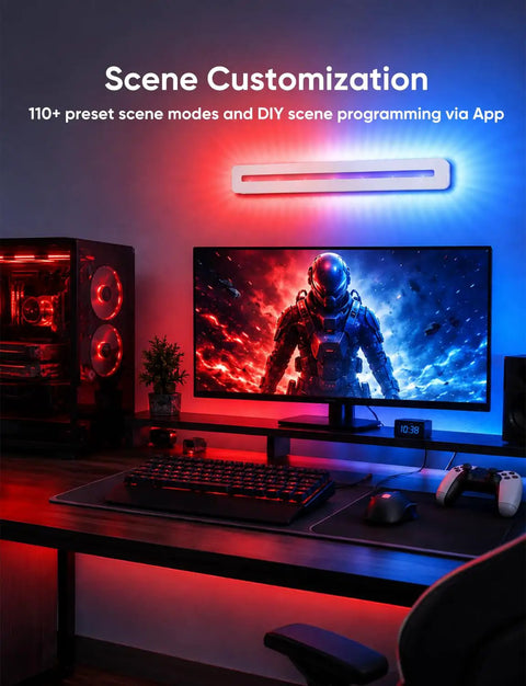 APPECK LED Wall Light 1 Pack, 15.8 Inch Plug in Wall Sconce RGBCW, Dimmable over gaming setup with colorful lighting.