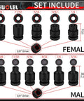 Set includes male and female sizes of 11 Piece Three Eighths Inch Drive Impact Socket Set With SAE Pipe Plug Sockets, CR-MO steel.