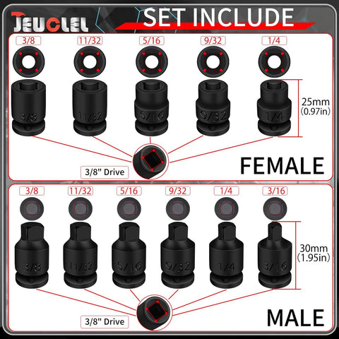 Set includes male and female sizes of 11 Piece Three Eighths Inch Drive Impact Socket Set With SAE Pipe Plug Sockets, CR-MO steel.