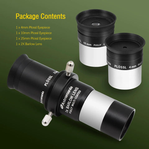 Eyepiece Kit Must Have For 1.25 Inch Telescopes With Plossl Eyepieces 4mm 10mm 25mm And 2X Barlow Lens FMC Fully Coated High Magnification Astronomy Accessories Bundle shown with eyepieces and lens.