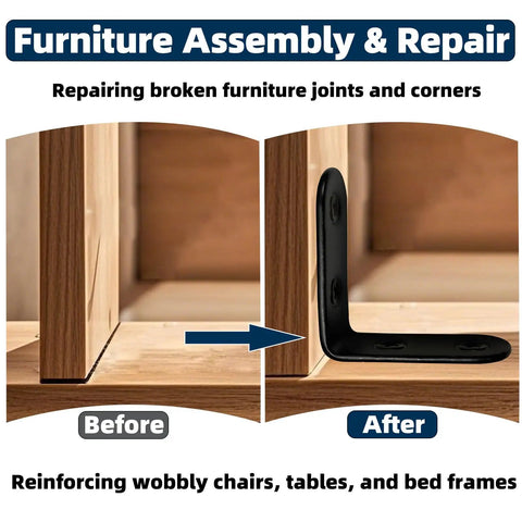 2 Inch L Brackets Pack Of 10, 90 Degree Black Corner Braces For Wood Furniture And Shelves before and after installation