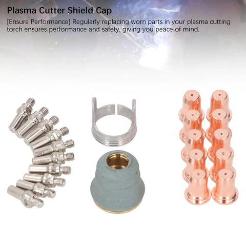 Get Ready For Heavy Duty Cuts With This 22PC Plasma Cutting Consumables Kit, includes plasma cutter shield cap and brass nozzles.