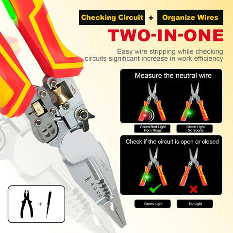 All In One Wire Stripper And Voltage Tester Pliers For AC DC Live Wire Testing, Wire Cutter And Twister, Pro Grade Multi Function Tool