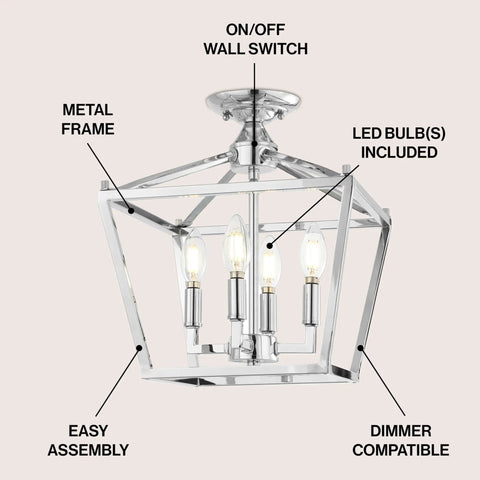 12 Inch Chrome Modern Farmhouse Pagoda LED Lantern Semi Flush Mount Ceiling Light For Kitchen Hallway Entryway And Bedroom, Durable Metal Fixture, Hardwired With Included LED Bulbs For A Quick Easy Upgrade.