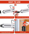 Heavy Duty Pneumatic Pop Rivet Gun And Air Riveter Tool For Fastener Assembly shown with nozzles and step-by-step instructions.