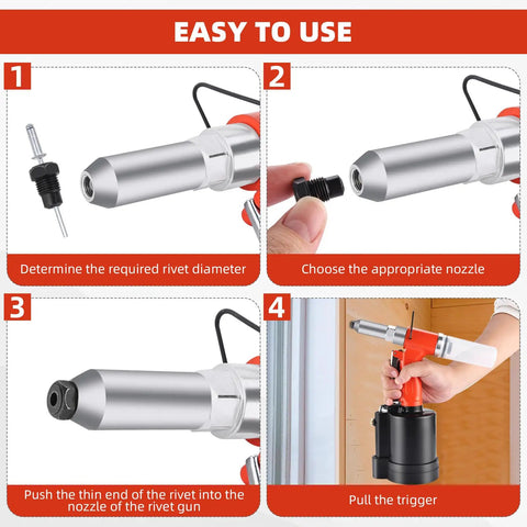 Heavy Duty Pneumatic Pop Rivet Gun And Air Riveter Tool For Fastener Assembly shown with nozzles and step-by-step instructions.