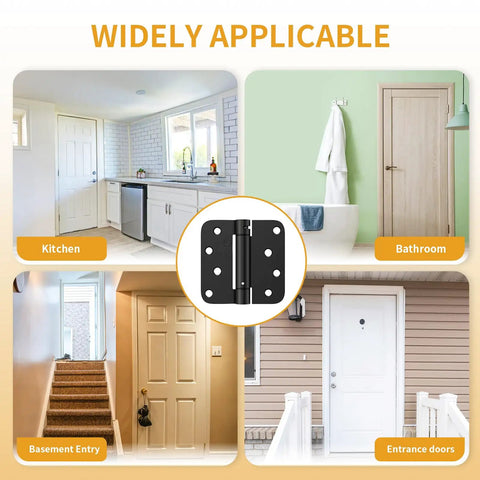 Top Shelf 3 Pack Self Closing Door Hinges 4 Inch Black With Heavy Duty Steel Build shown in kitchen, bathroom, basement and entrance.