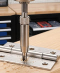 Self Centering Door Hinge Drill Bits Set For Perfect Cabinet And Furniture Installations With Precision Puncher Attachment For Power Tools in use on a hinge