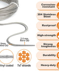 One Eighth Inch Vinyl Coated Stainless Steel Cable Rope Kit details showing corrosion resistance and high strength features.