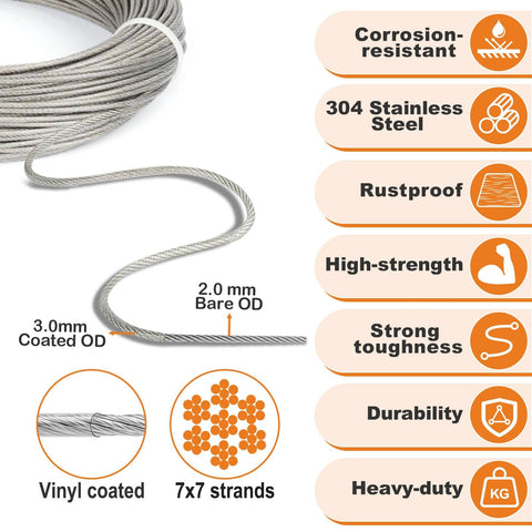 One Eighth Inch Vinyl Coated Stainless Steel Cable Rope Kit details showing corrosion resistance and high strength features.