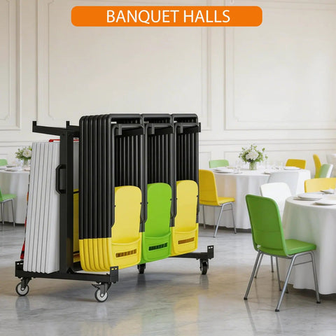 One Stop Folding Chair And Table Storage Cart With Rolling Wheels Holds 42 Chairs And 12 Tables Includes Rain Cover And Bungee Cords Perfect For Schools Banquets And Community Centers in a banquet hall setting.