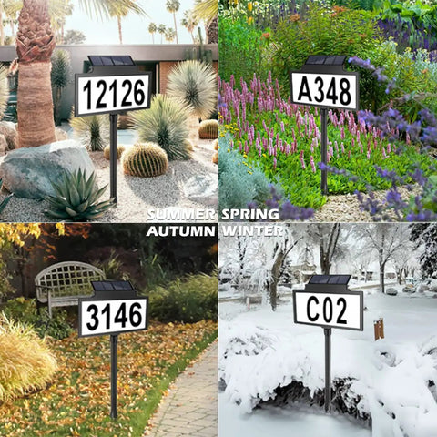 Solar Address Sign With LED Illuminated House Number For Outdoor Use Waterproof Address Plaque For Your Home Yard And Street 135 Degree Adjustable Solar Panel Auto Mode Light On At Night showing seasonal display variations.