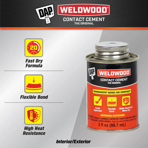 Hella Strong Contact Cement For Wood And Metal Projects Heavy Duty Adhesive for Laminates and Veneers in a 3 oz container.