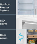 Interior view of 14 Cu Ft Convertible Upright Freezer And Refrigerator In Warm White Panel showcasing no-frost system, LED lights, and door alarm.