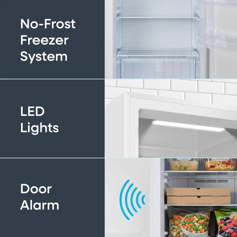 Interior view of 14 Cu Ft Convertible Upright Freezer And Refrigerator In Warm White Panel showcasing no-frost system, LED lights, and door alarm.